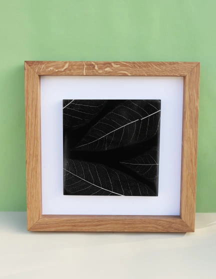 Tableau 25cm résine epoxy inclusion squelettes feuilles blanches naturelles cadre en chêne